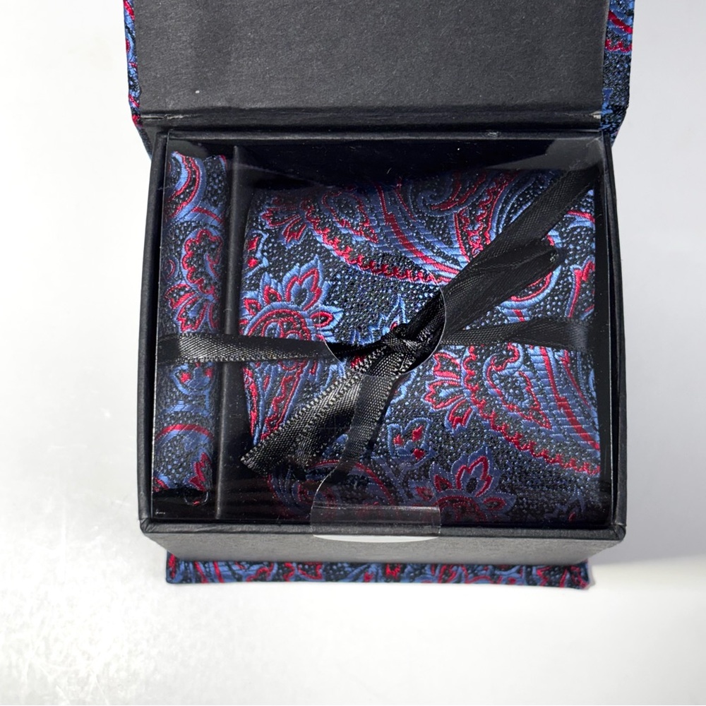 Pierre Cardin Paisley Tie & Matching Pocket Square Blue Red NWT Gift Box Bundle